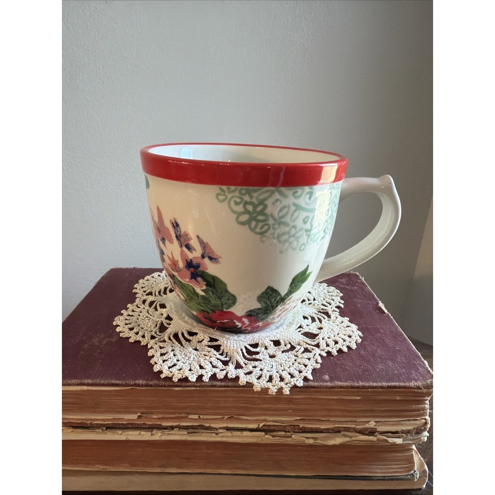 Pioneer Woman Country Garden Red Rim Coffee Mug 17 oz Stoneware Floral